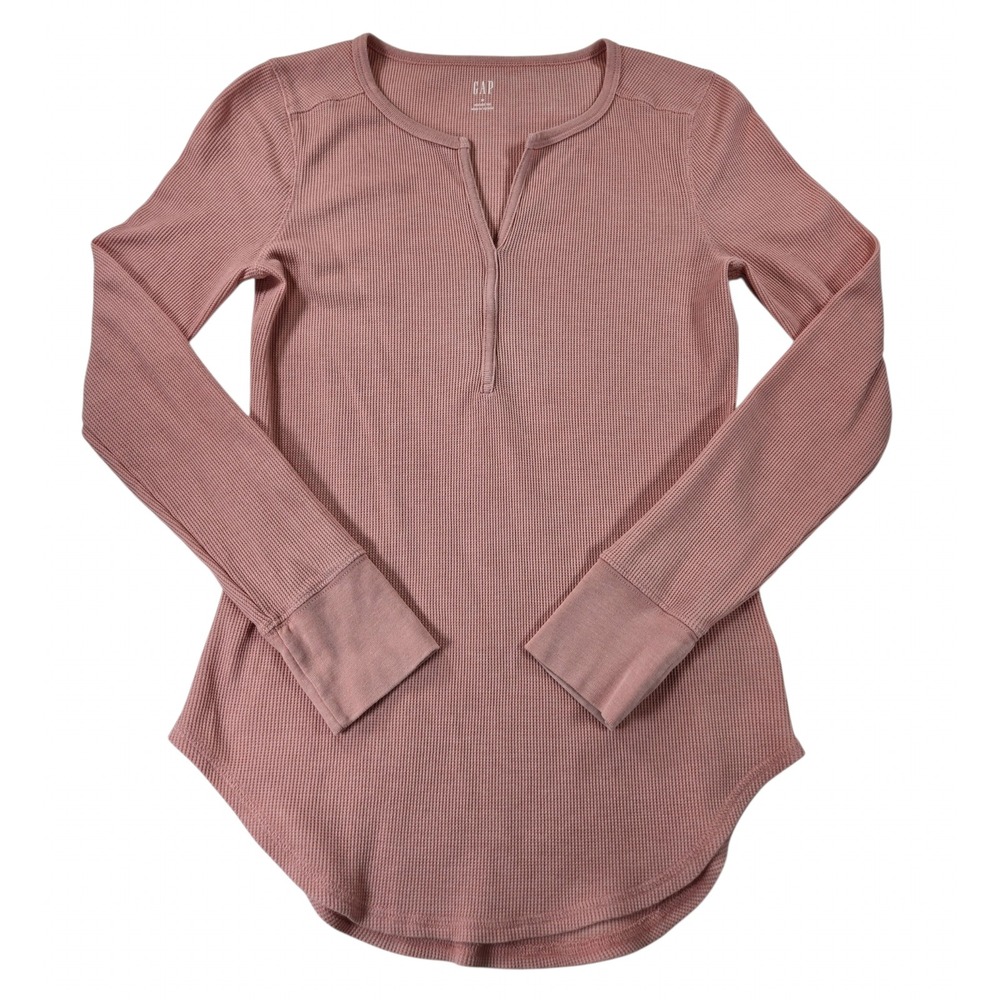 Gap Feather Tee Womens Medium Pink Waffle Knit Split Neck Long Sleeve Top
